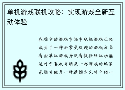 单机游戏联机攻略：实现游戏全新互动体验